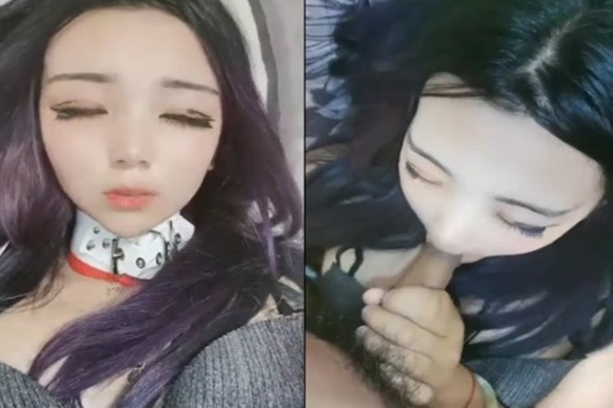 [中文主播外流]调教丝袜兼职妹肉肉紫发妹子啪啪，项圈带眼罩口交翘屁股按摩器震动